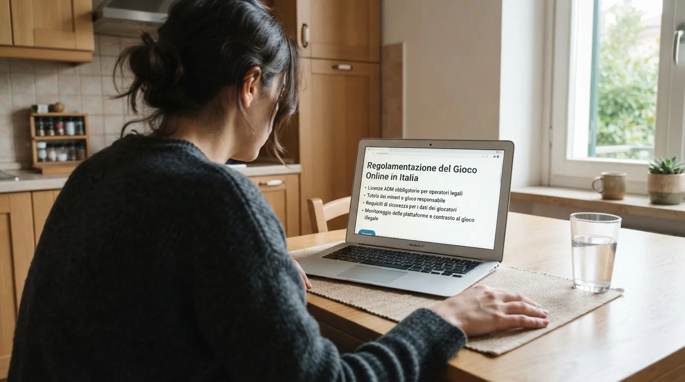 Persona davanti a un portatile che legge una pagina informativa sul gioco online in Italia — 100 giri gratis senza deposito