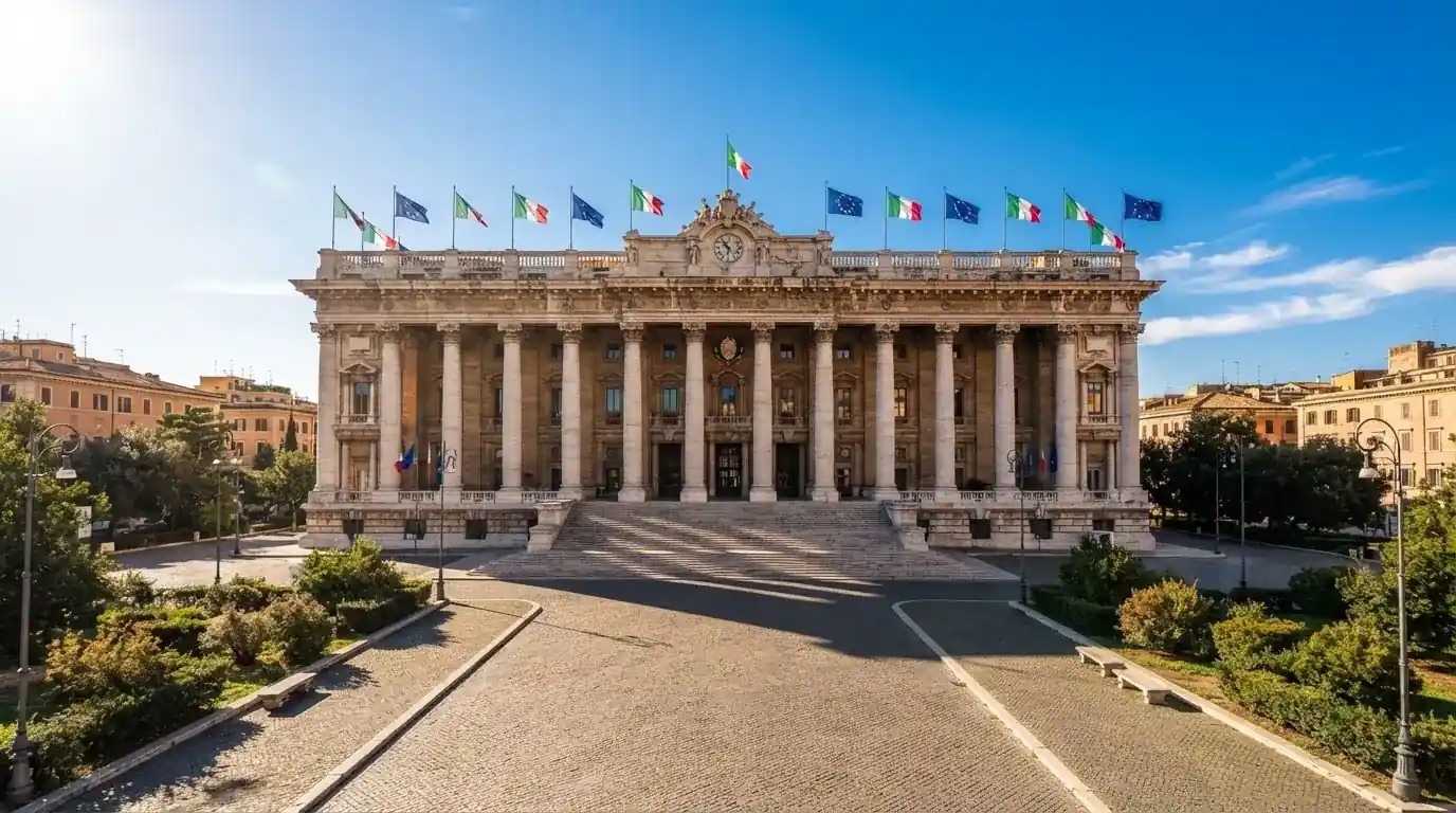 Palazzo istituzionale con bandiere al vento in una piazza soleggiata — 100 giri gratis senza deposito