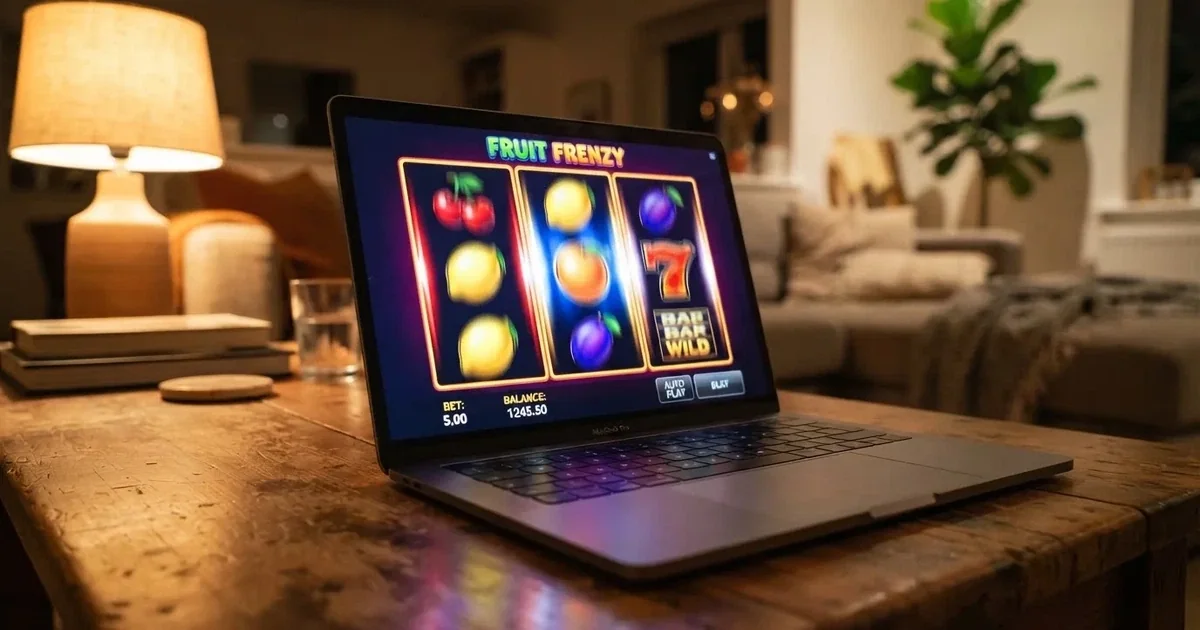 Rulli di una slot in movimento sullo schermo di un computer in un salotto — 100 giri gratis senza deposito