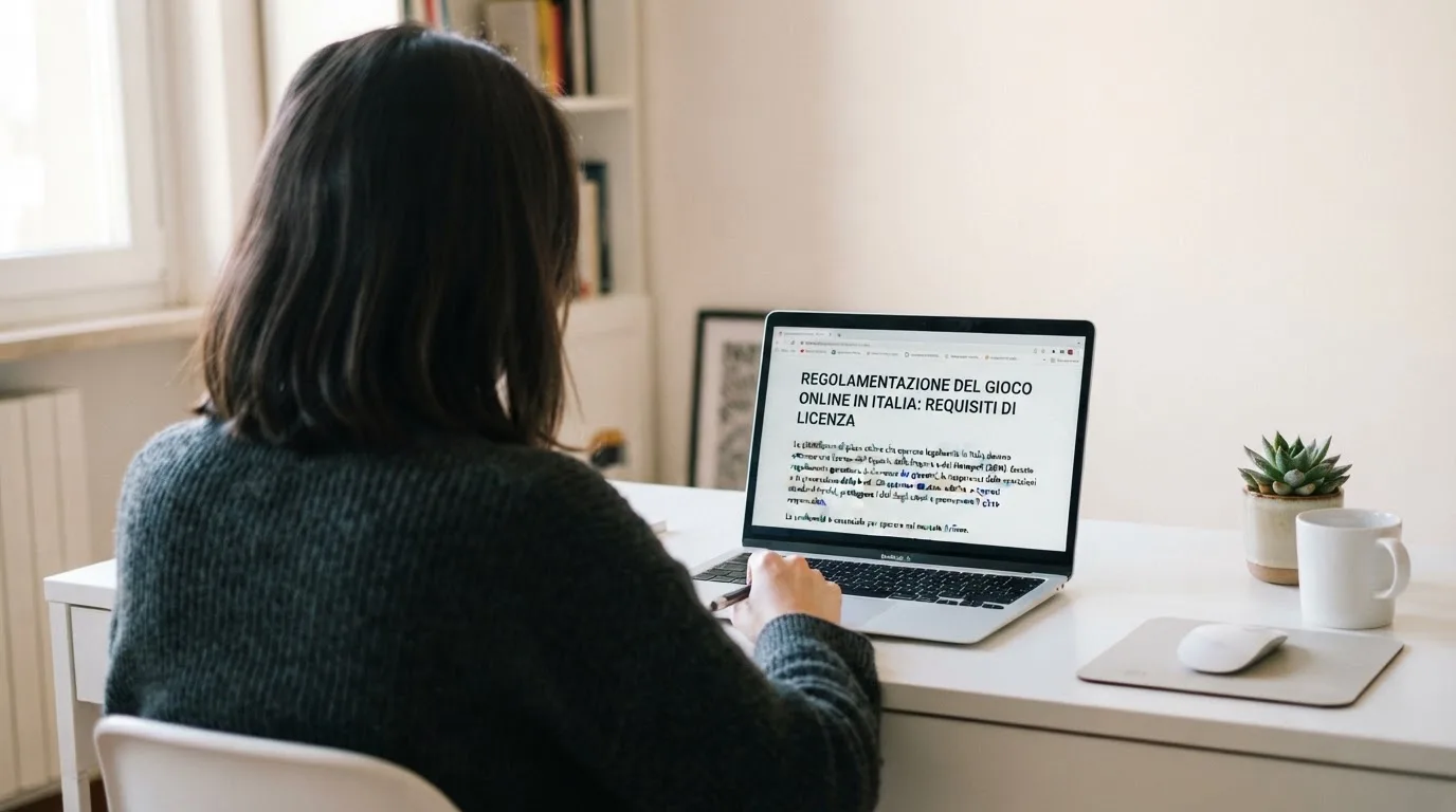 Persona davanti a un portatile che legge una pagina informativa sul gioco online in Italia — 25, 30, 50, 100, 200 giri gratis senza deposito