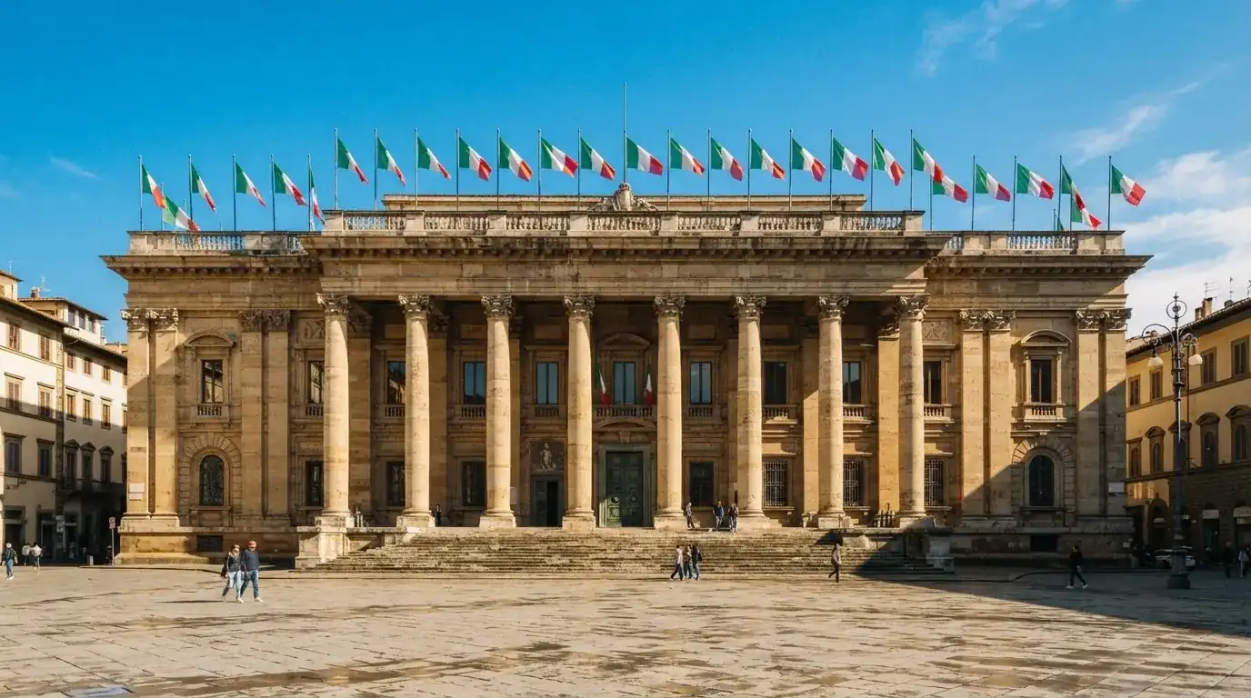 Palazzo istituzionale con bandiere al vento in una piazza soleggiata — 25, 30, 50, 100, 200 giri gratis senza deposito