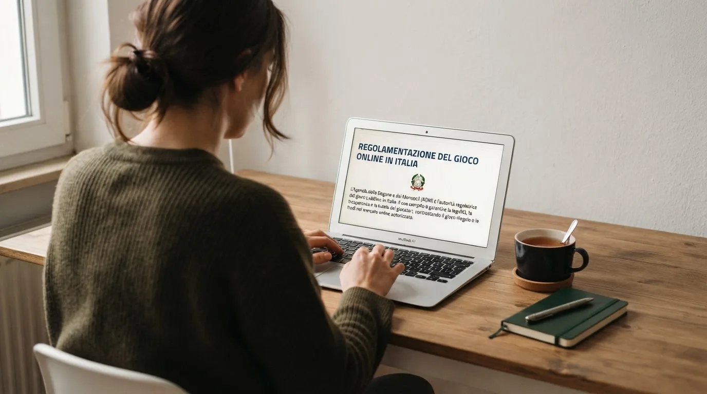 Persona davanti a un portatile che legge una pagina informativa sul gioco online in Italia — 50 free spins senza deposito