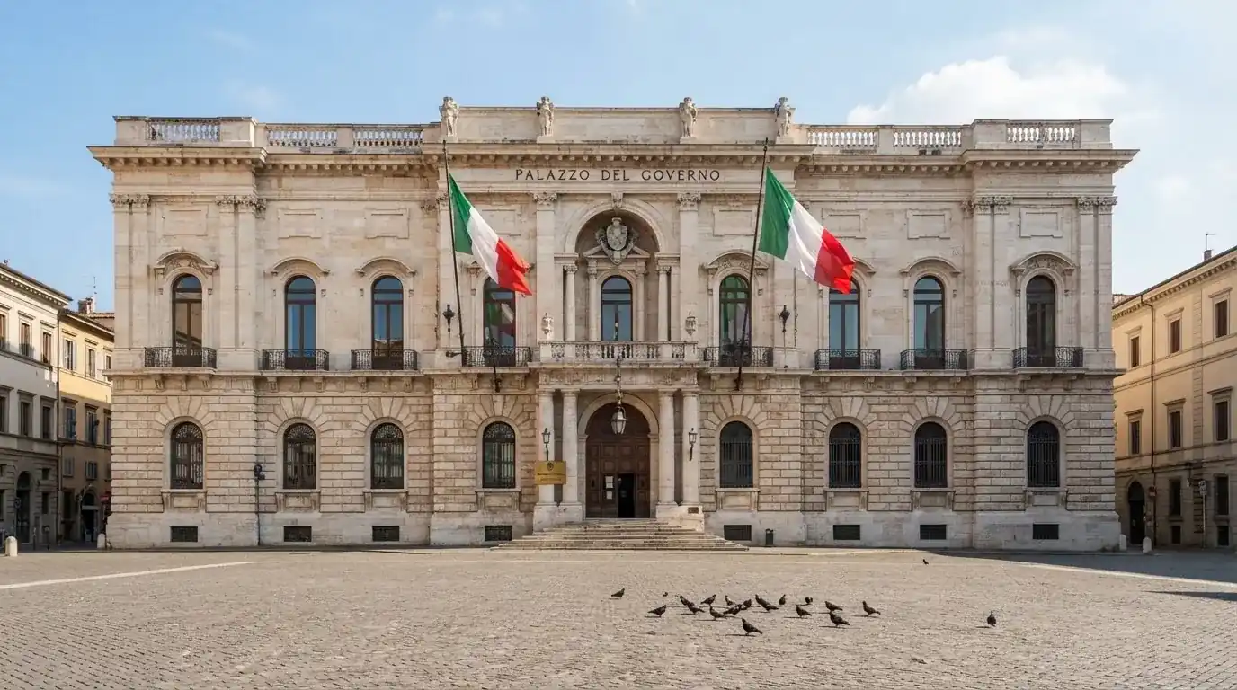 Palazzo istituzionale con bandiere al vento in una piazza soleggiata — 50 free spins senza deposito