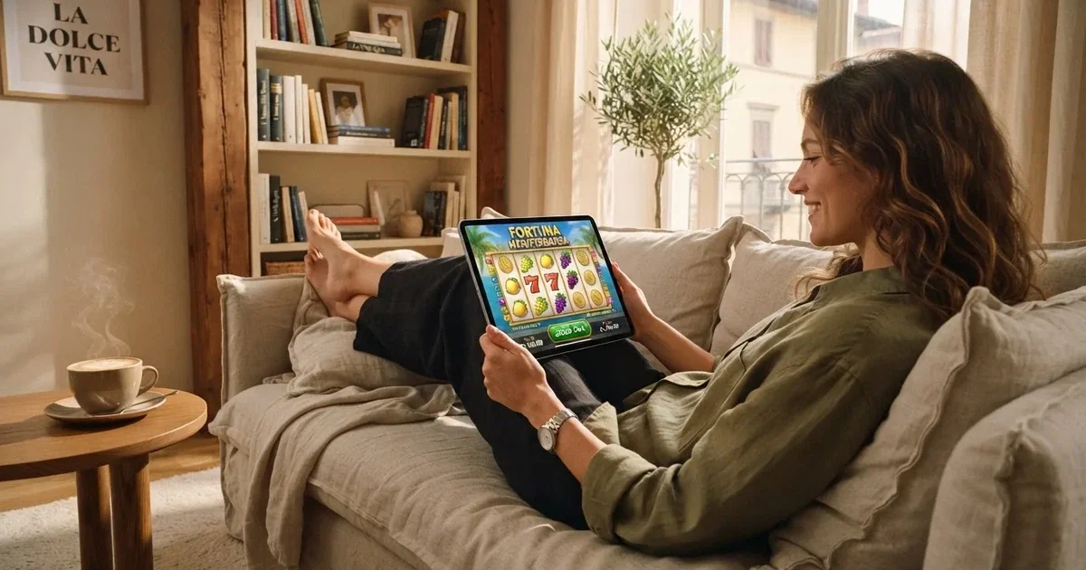 Giocatore sul divano con un tablet, tazza di caffè sul tavolino, luce calda — 50 free spins senza deposito