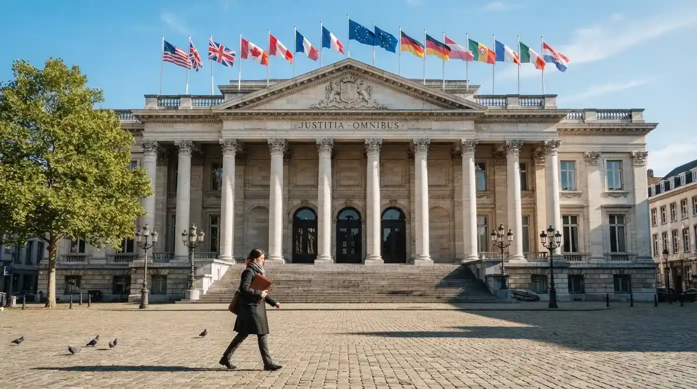 Palazzo istituzionale con bandiere al vento in una piazza soleggiata — casinò che accettano bitcoin