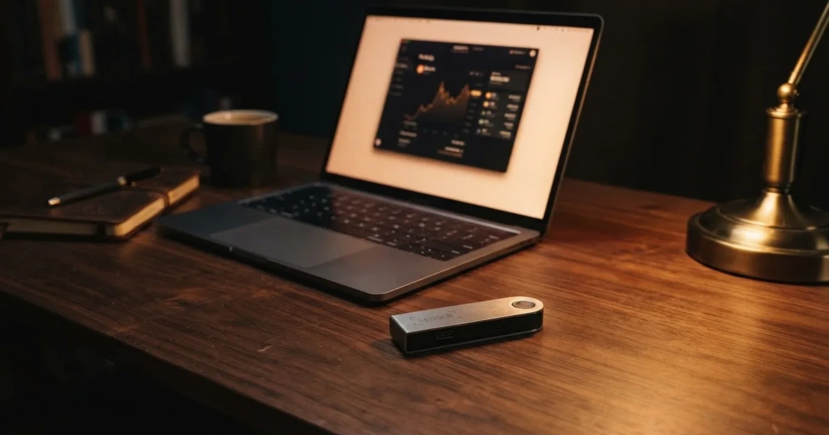 Portafoglio hardware accanto a un portatile su una scrivania scura con lampada — casinò che accettano bitcoin