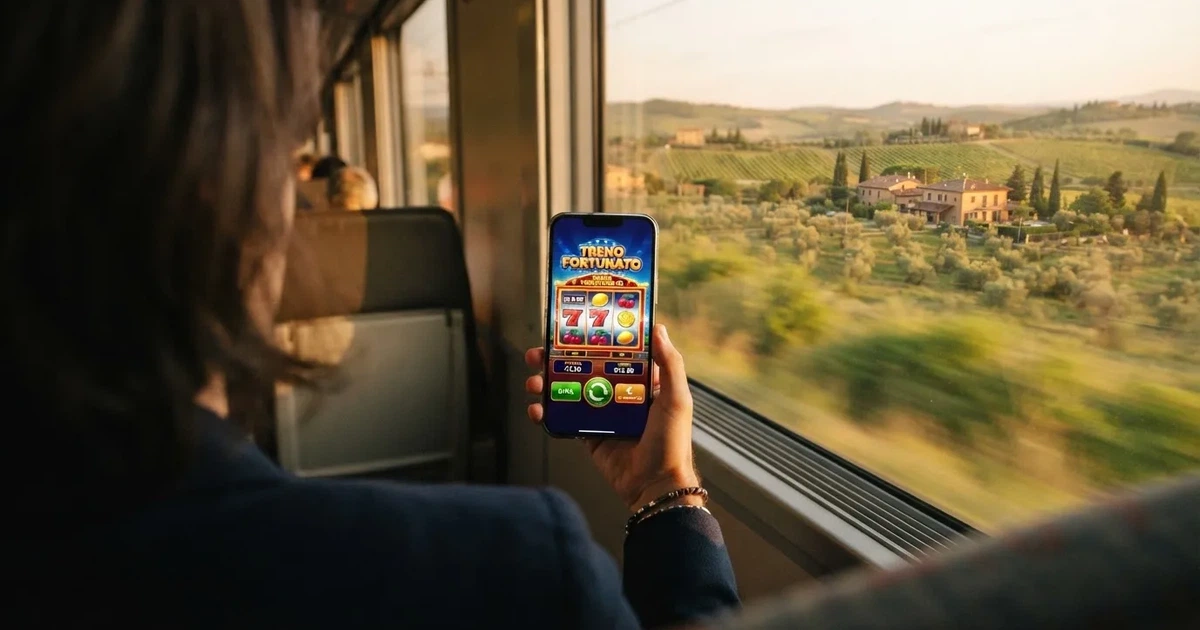 Smartphone in mano su un treno, paesaggio sfocato dal finestrino — casino com app android
