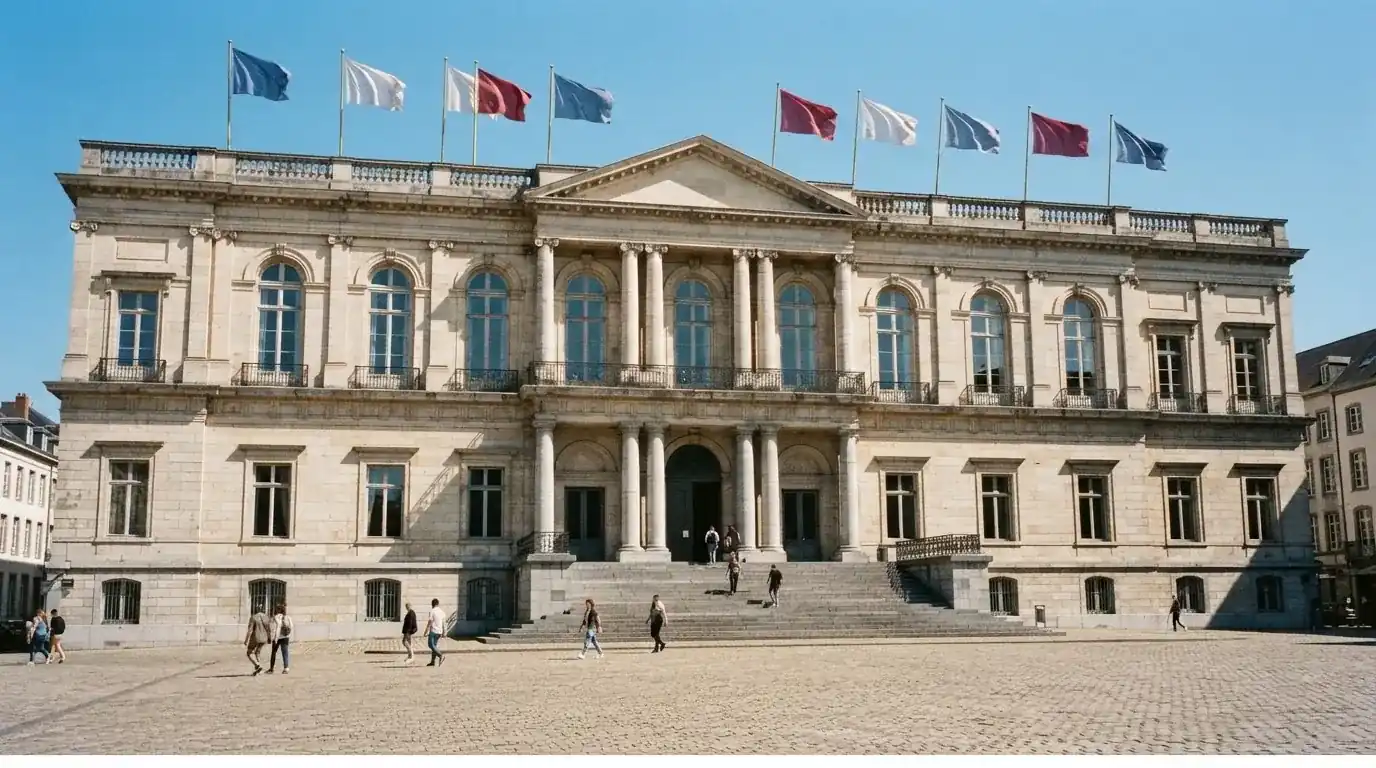 Palazzo istituzionale con bandiere al vento in una piazza soleggiata — casino com app iphone