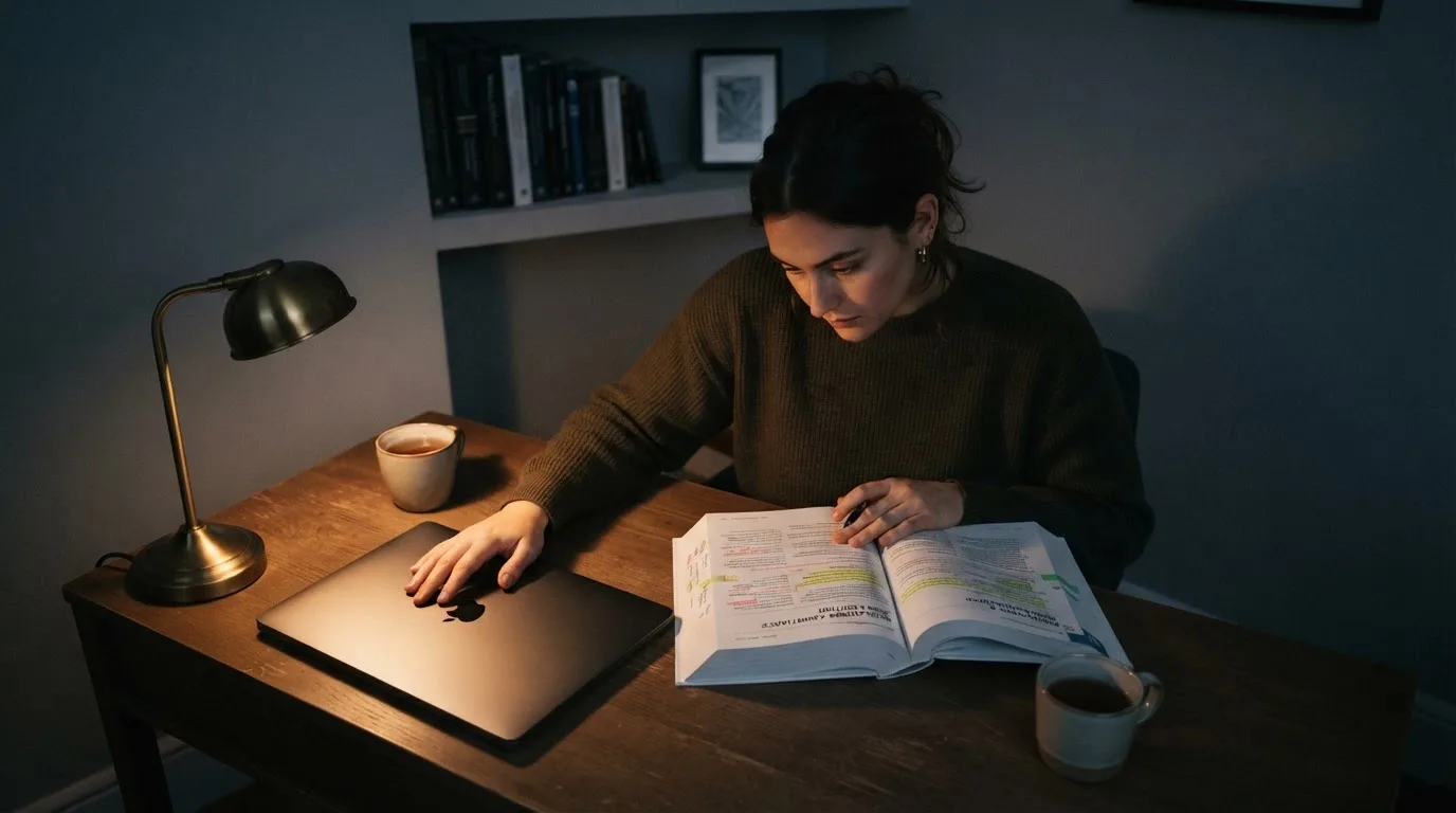 Una persona seduta a una scrivania minimalista con un laptop chiuso e una lampada accesa in un ufficio domestico ordinato.