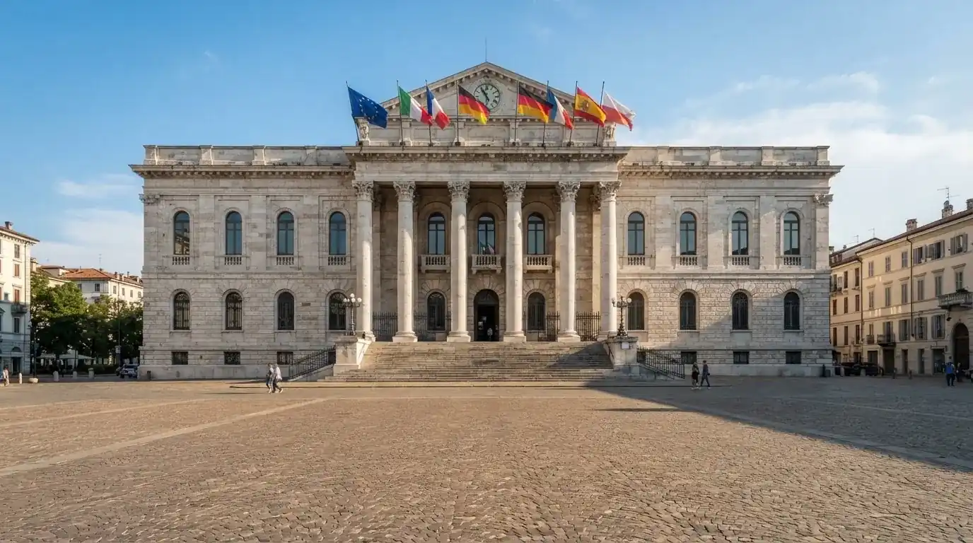 Palazzo istituzionale con bandiere al vento in una piazza soleggiata — casino dal vivo online