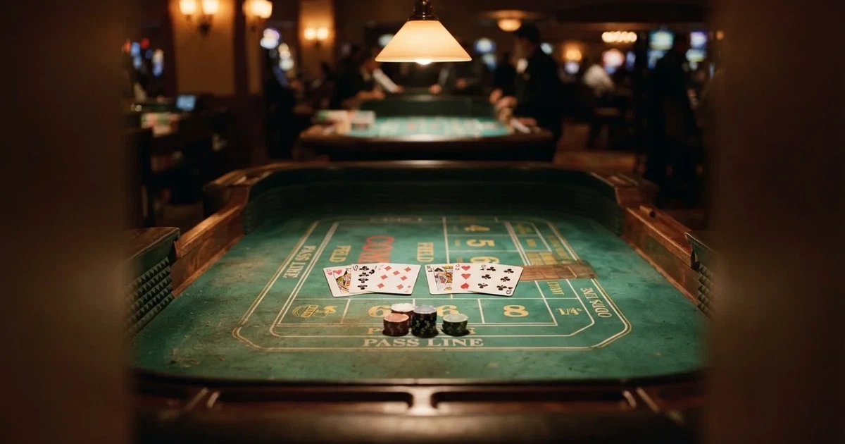 Tavolo da gioco illuminato con carte e fiches visto dall'alto — casino dal vivo online