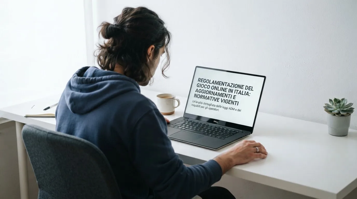 Persona davanti a un portatile che legge una pagina informativa sul gioco online in Italia — casino deposito minimo 1, 5, 10 e 20 euro