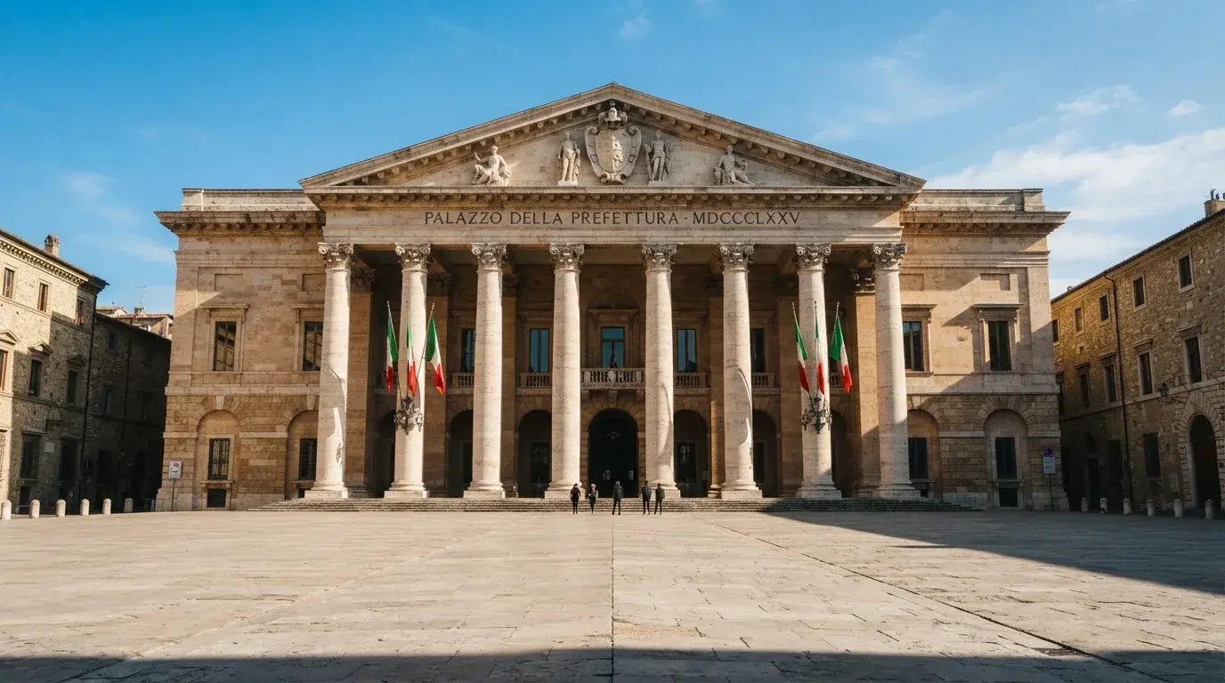 Palazzo istituzionale con bandiere al vento in una piazza soleggiata — casino deposito minimo 1, 5, 10 e 20 euro