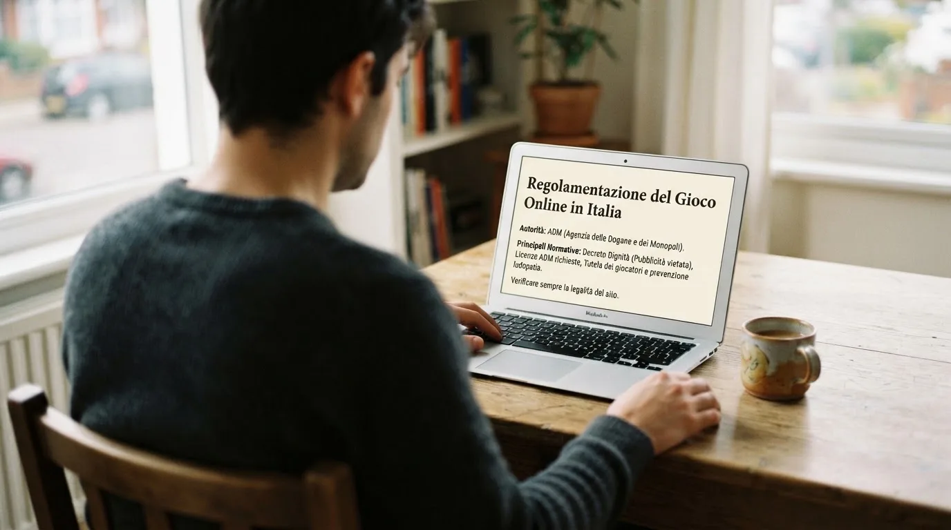 Persona davanti a un portatile che legge una pagina informativa sul gioco online in Italia — casino deposito minimo 1 euro