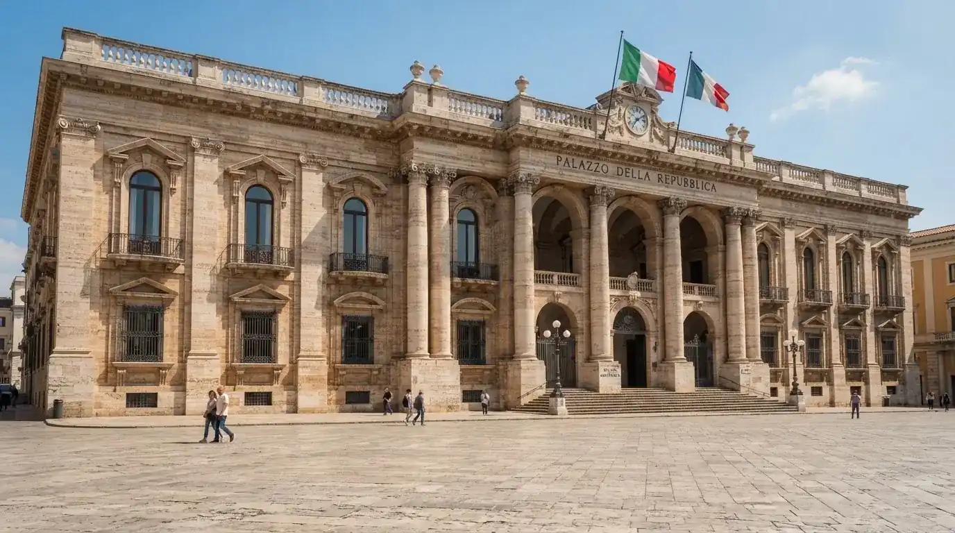Palazzo istituzionale con bandiere al vento in una piazza soleggiata — casino deposito minimo 1 euro