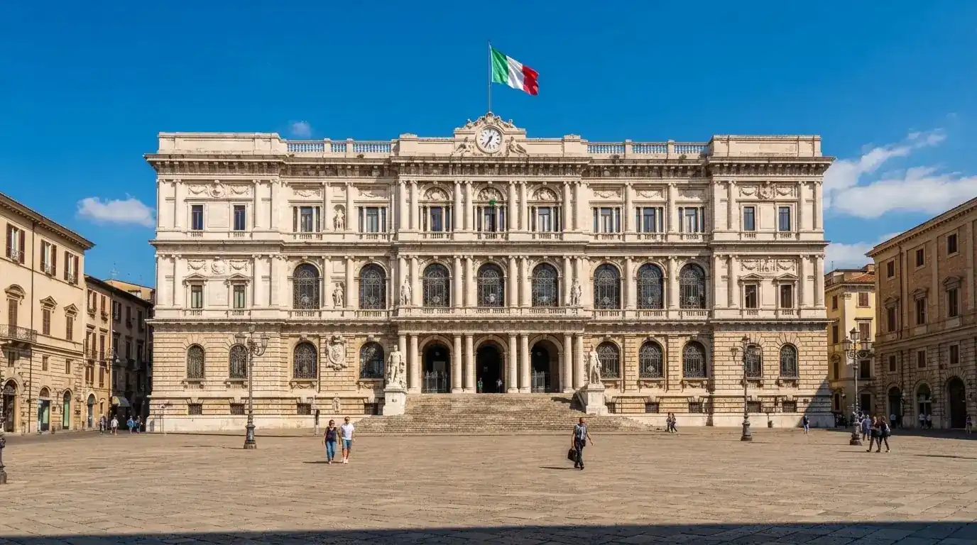 Palazzo istituzionale con bandiere al vento in una piazza soleggiata — casino deposito minimo 10 centesimi