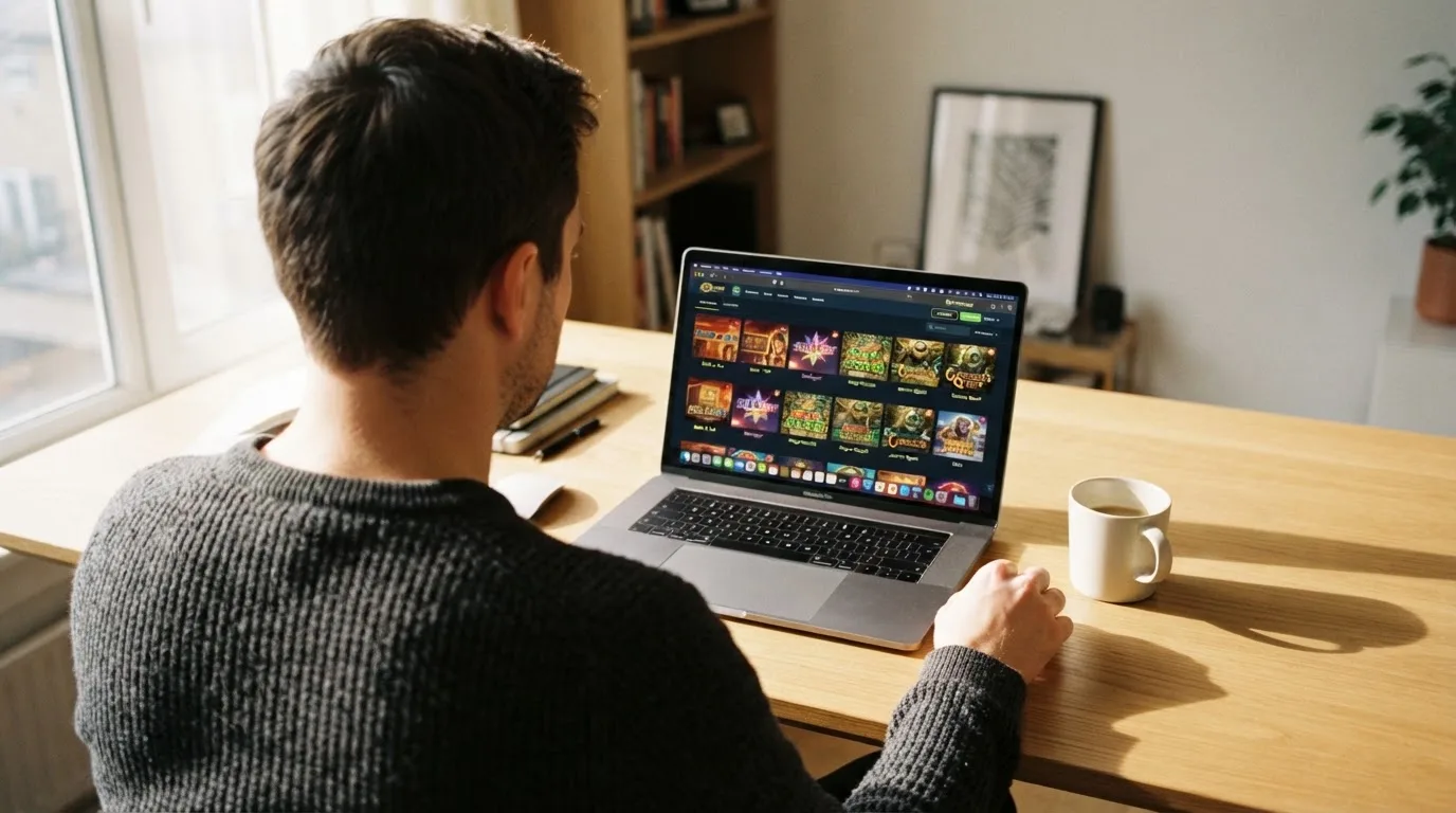 Un uomo seduto alla scrivania osserva pensieroso il monitor di un computer portatile, in una stanza ordinata con una tazza di caffè accanto.