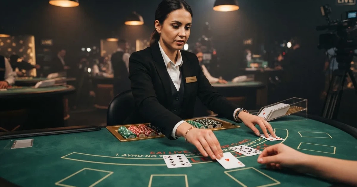 Un croupier distribuisce carte su un tavolo da gioco elegante, illuminato da luci soffuse in una sala professionale.