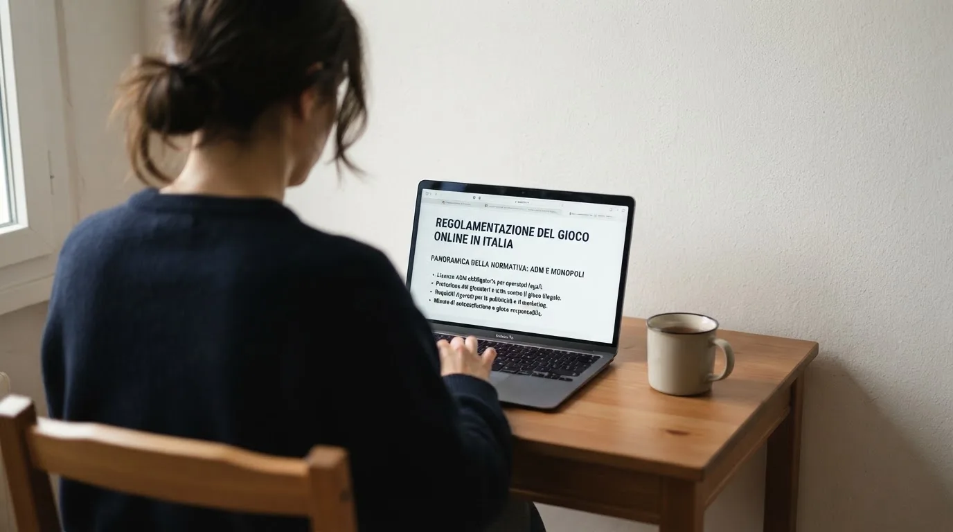 Persona davanti a un portatile che legge una pagina informativa sul gioco online in Italia — casino non aams affidabili