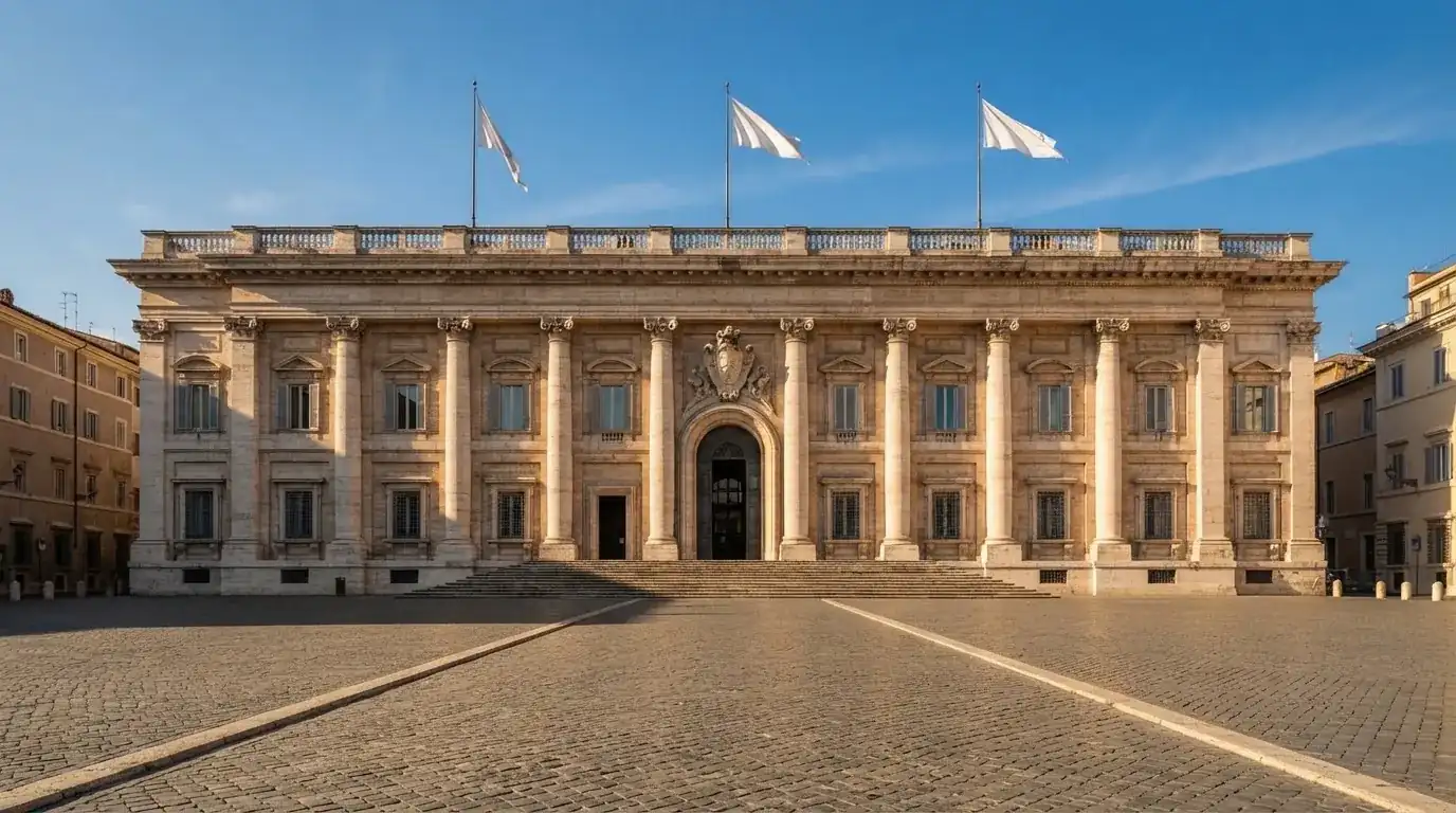 Palazzo istituzionale con bandiere al vento in una piazza soleggiata — casino non aams affidabili