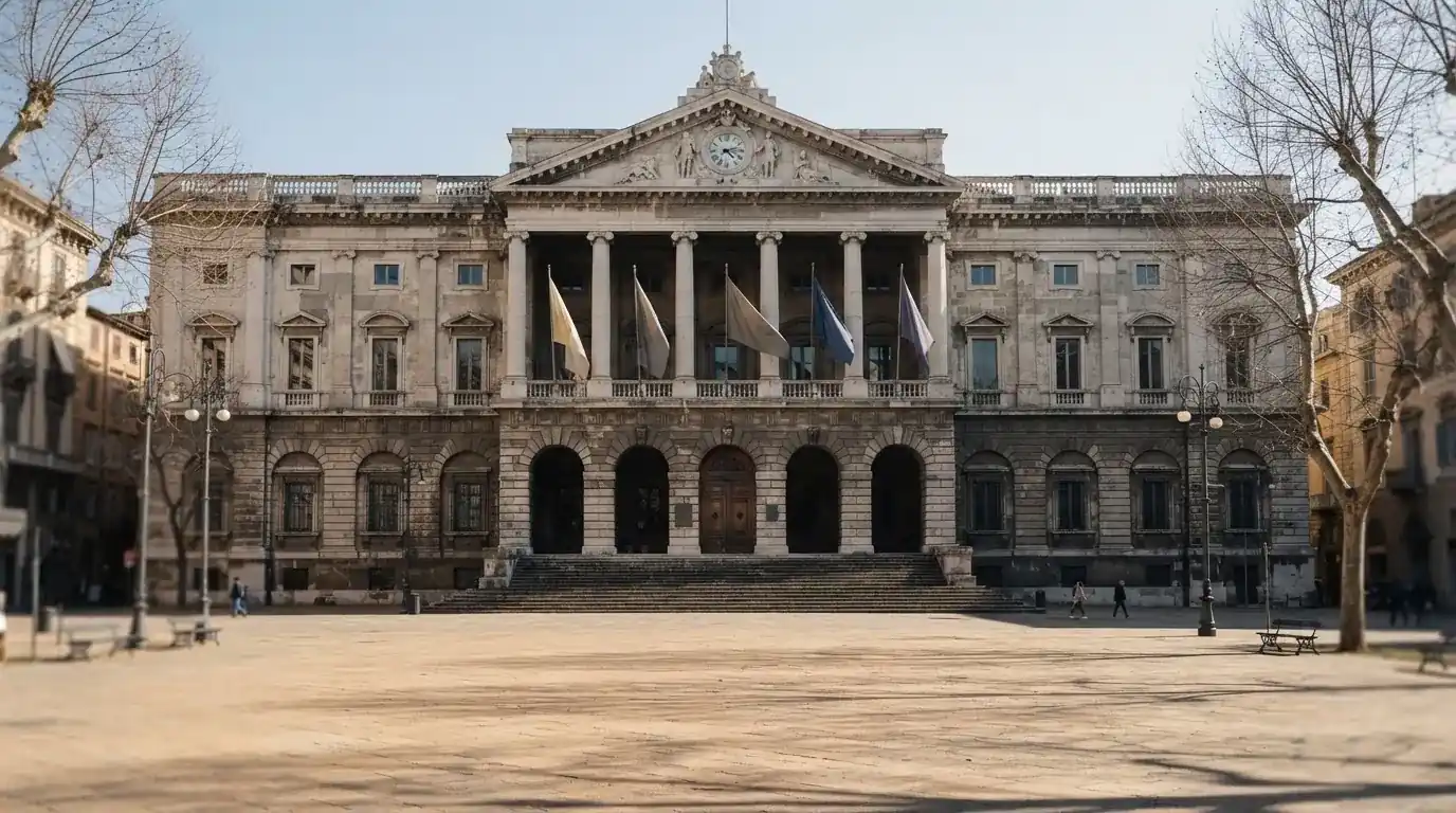 Palazzo istituzionale con bandiere al vento in una piazza soleggiata — casinò non aams che accettano dogecoin