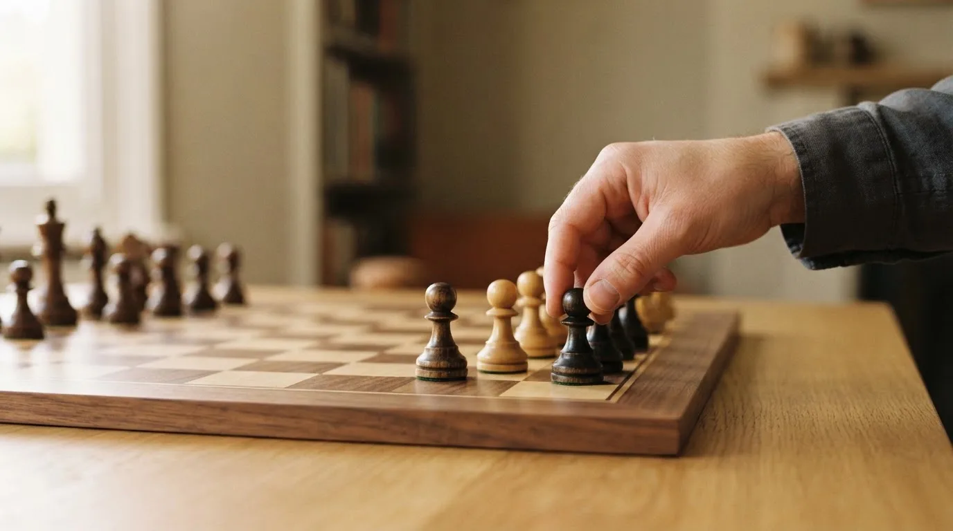Una mano dispone pedine di scacchi in ordine su una scacchiera di legno in una stanza silenziosa.