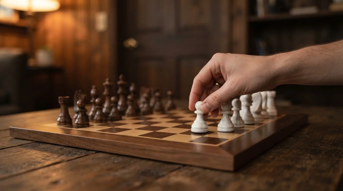 Una mano dispone pedine di scacchi in ordine su una scacchiera di legno in una stanza silenziosa.