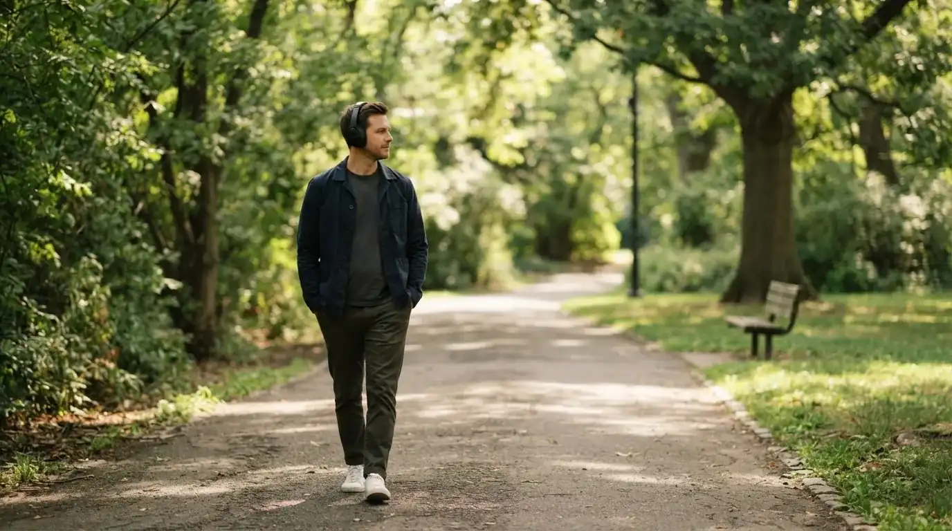 Un uomo cammina all'aperto in un parco cittadino indossando cuffie, lontano da qualsiasi dispositivo elettronico acceso.