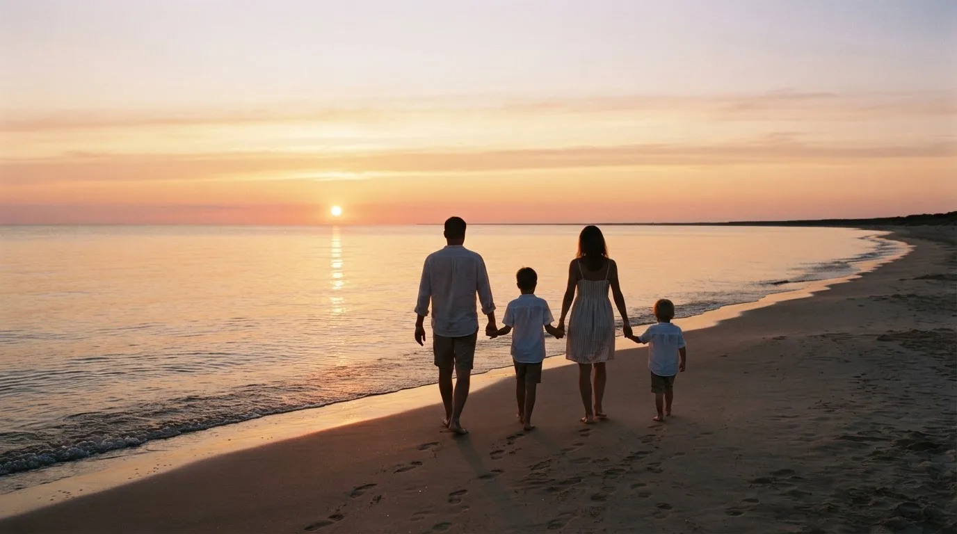 Una famiglia cammina insieme lungo una spiaggia al tramonto, lontana da schermi e dispositivi elettronici.