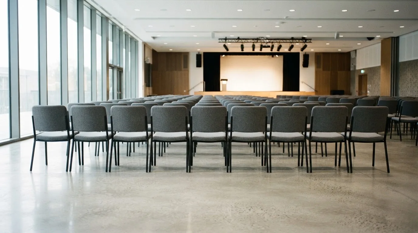 Una fila ordinata di sedie vuote disposte in un auditorium moderno illuminato da ampie finestre.