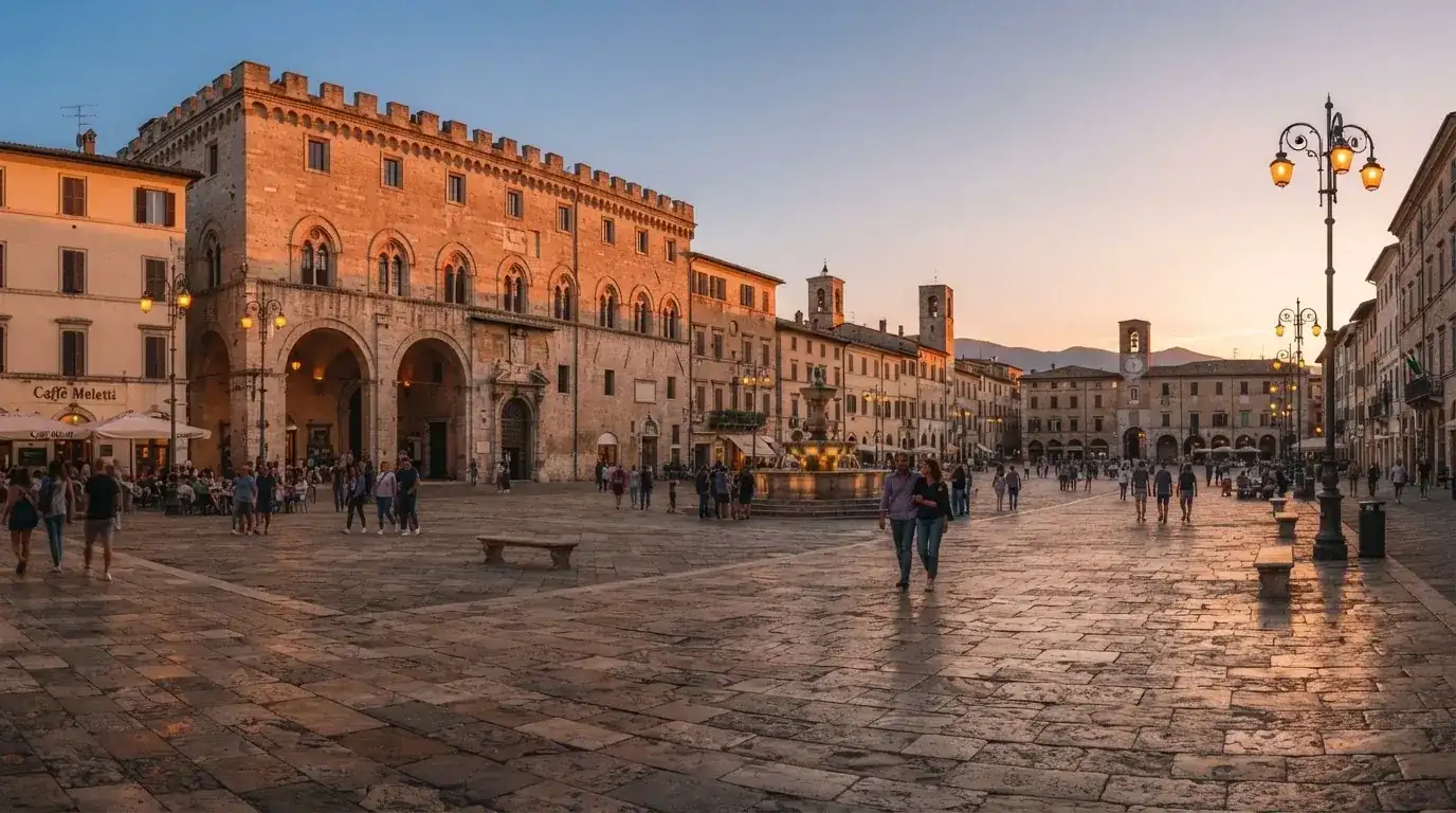 Vista panoramica di una piazza italiana al tramonto con lampioni accesi e persone che passeggiano.