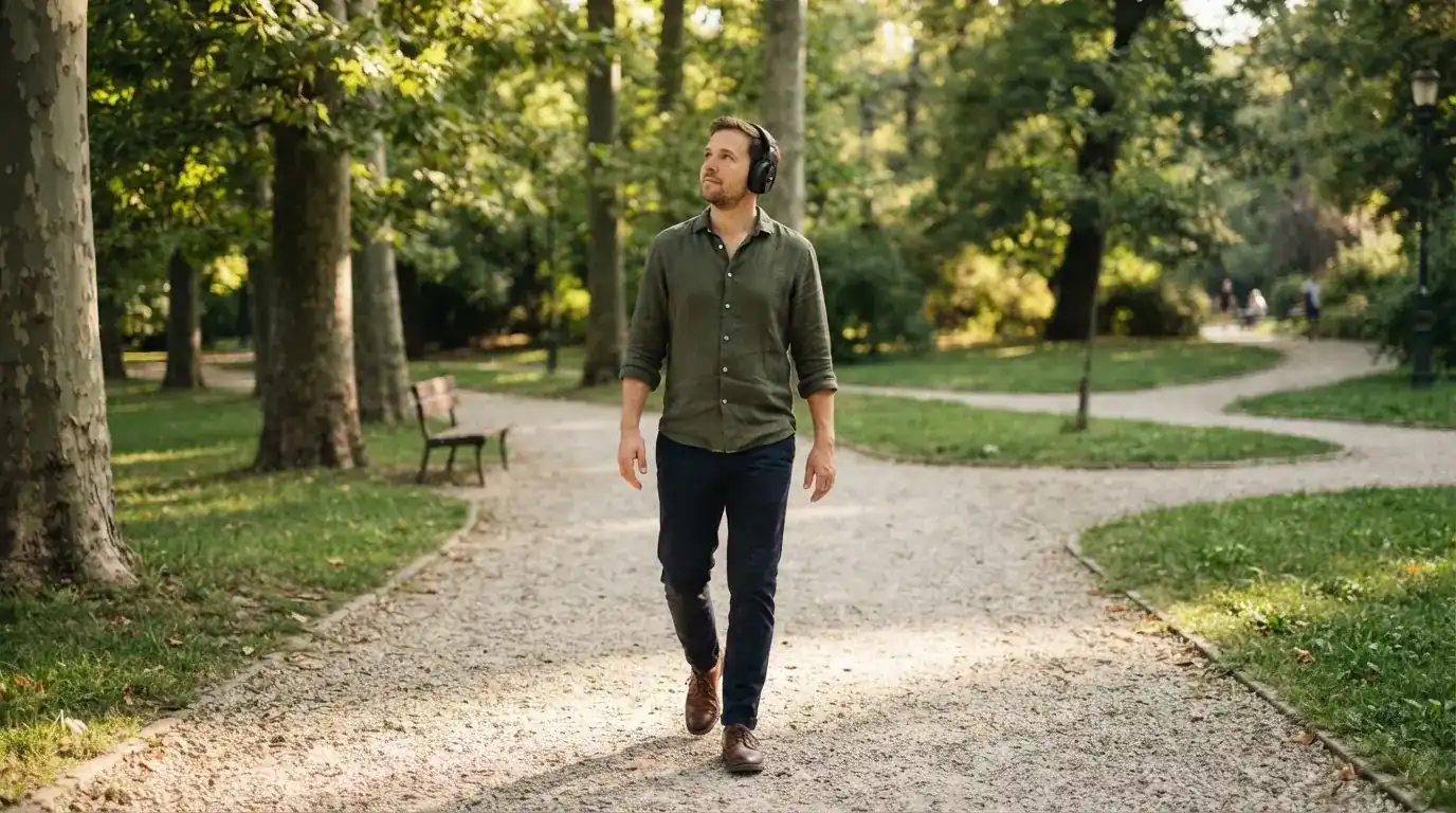 Un uomo cammina all'aperto in un parco cittadino indossando cuffie, lontano da qualsiasi dispositivo elettronico acceso.