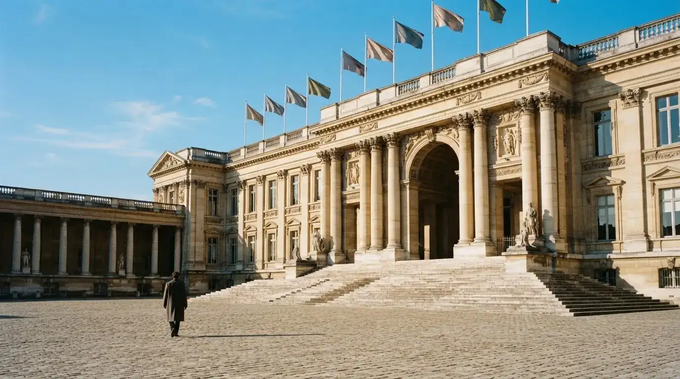 Palazzo istituzionale con bandiere al vento in una piazza soleggiata — casino online con algoritmo unbiased