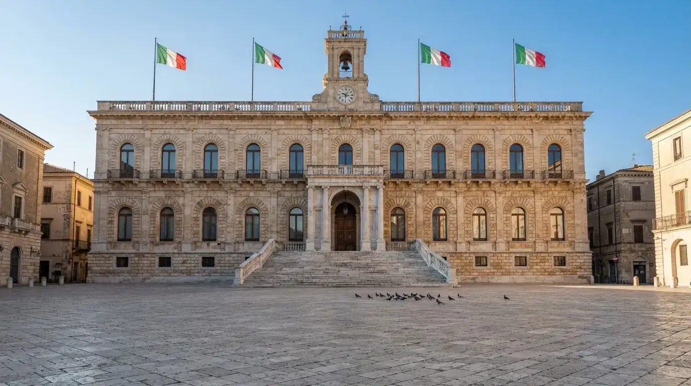 Palazzo istituzionale con bandiere al vento in una piazza soleggiata — casino online con bonus crab