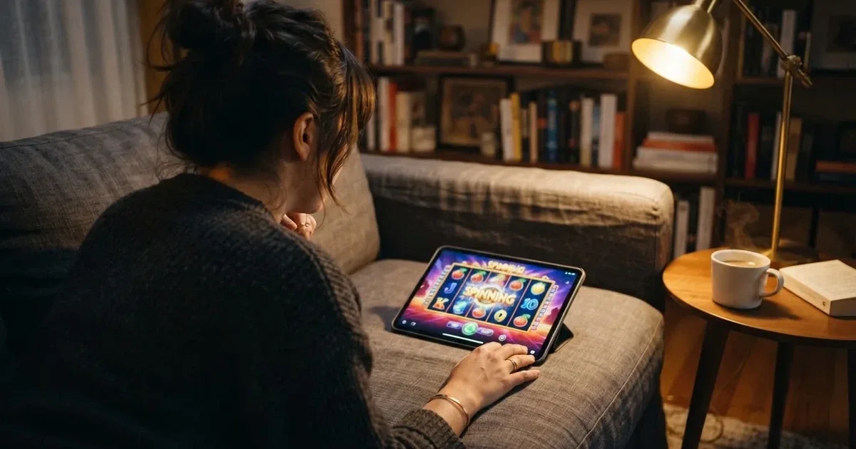 Giocatore sul divano con un tablet, tazza di caffè sul tavolino, luce calda — casino online con bonus crab