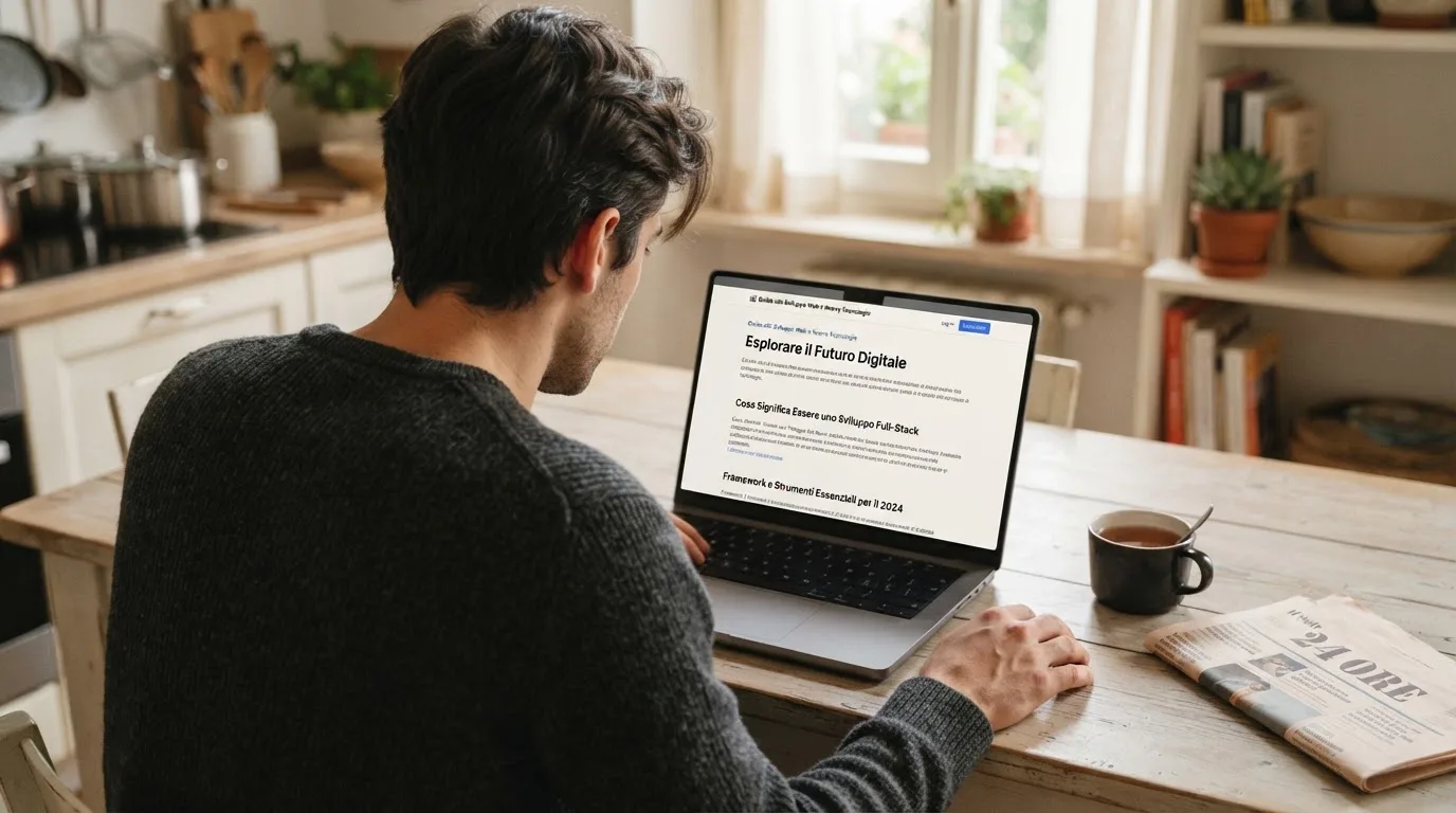 Persona davanti a un portatile che legge una pagina informativa sul gioco online in Italia — casino online con soldi finti