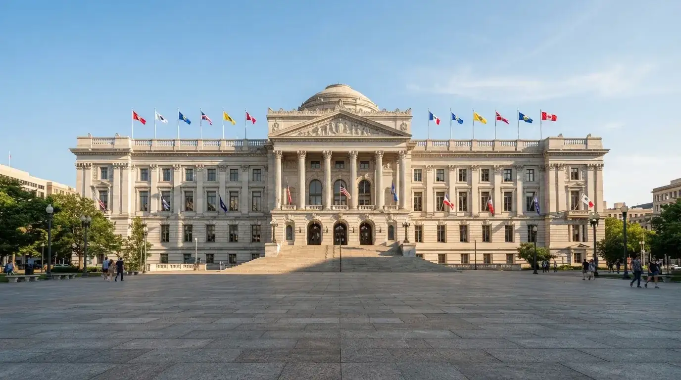 Palazzo istituzionale con bandiere al vento in una piazza soleggiata — casino online con soldi finti