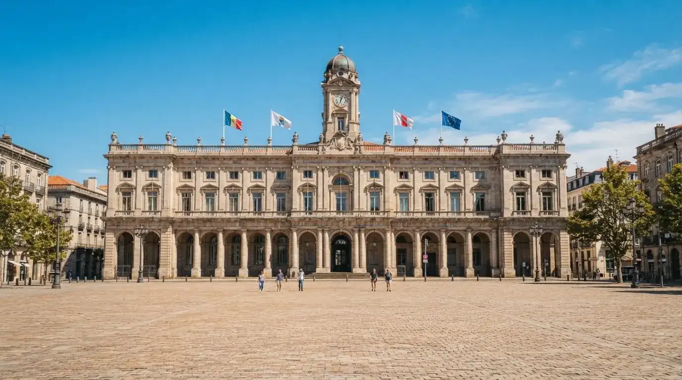 Palazzo istituzionale con bandiere al vento in una piazza soleggiata — casino online italiani senza autoesclusione