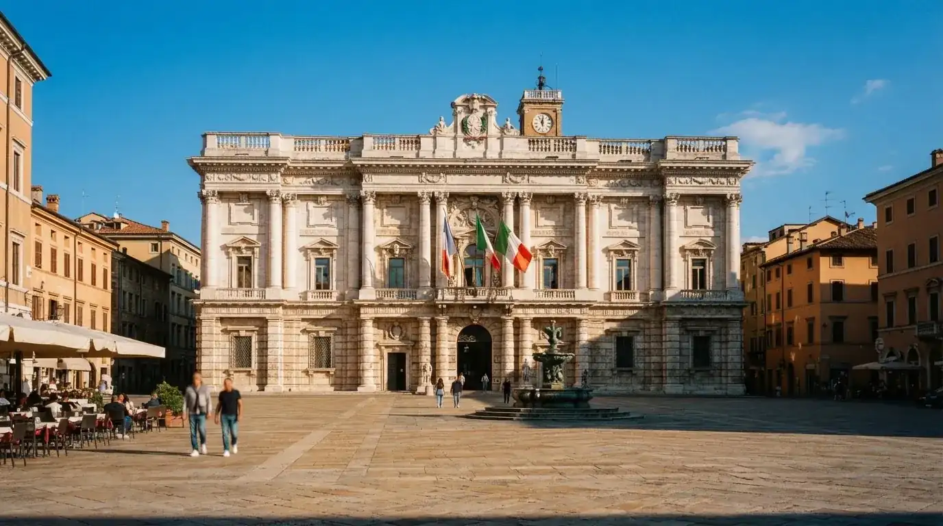 Palazzo istituzionale con bandiere al vento in una piazza soleggiata — casino online senza registrazione