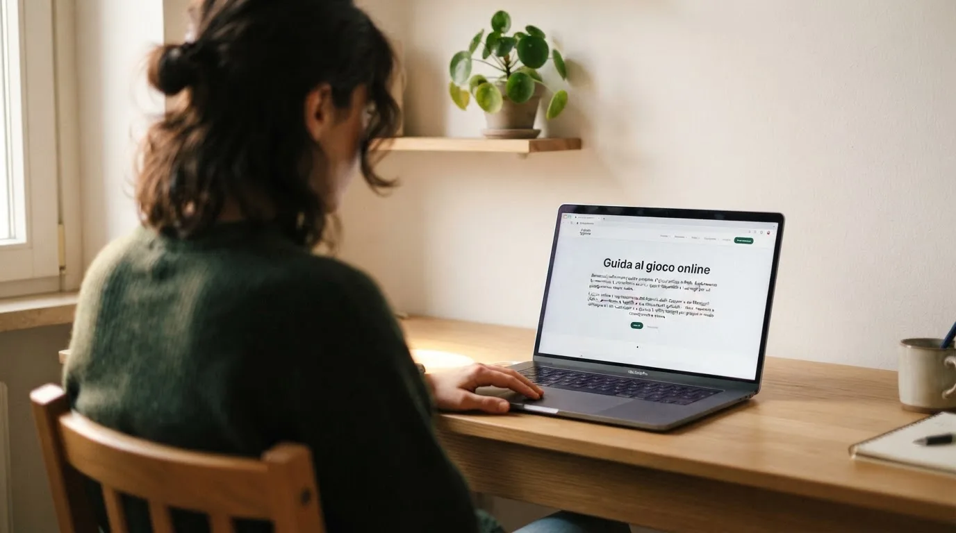 Persona davanti a un portatile che legge una pagina informativa sul gioco online in Italia — casino senza codice fiscale