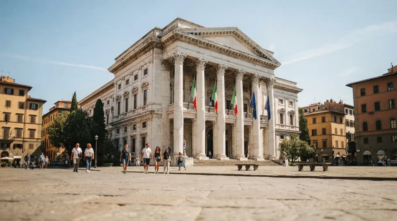 Palazzo istituzionale con bandiere al vento in una piazza soleggiata — casino senza codice fiscale