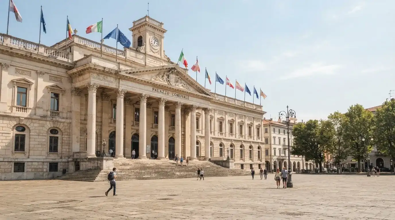 Palazzo istituzionale con bandiere al vento in una piazza soleggiata — casinò slot machines con rtp alto